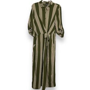 Luxology Tie Front Jumpsuit Womens Large Green Stripe Lightweight Casual Pockets